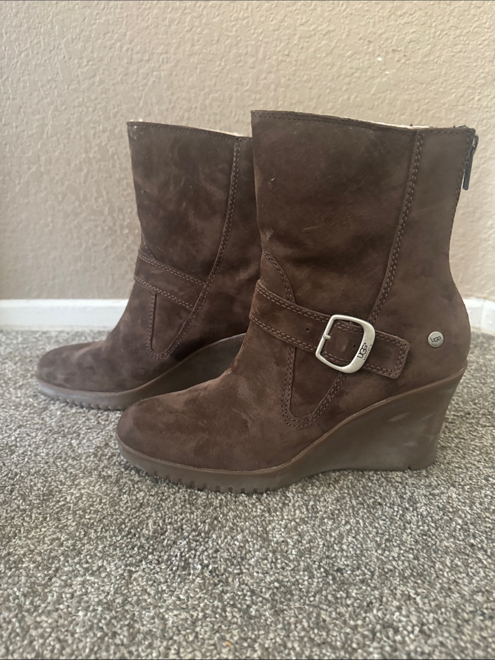 UGG Chestnut Suede Wedge Bootie with Buckle Detail Size 8